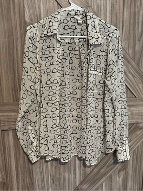 Sheer Cream Button-Up Blouse with Black Eyeglass Print